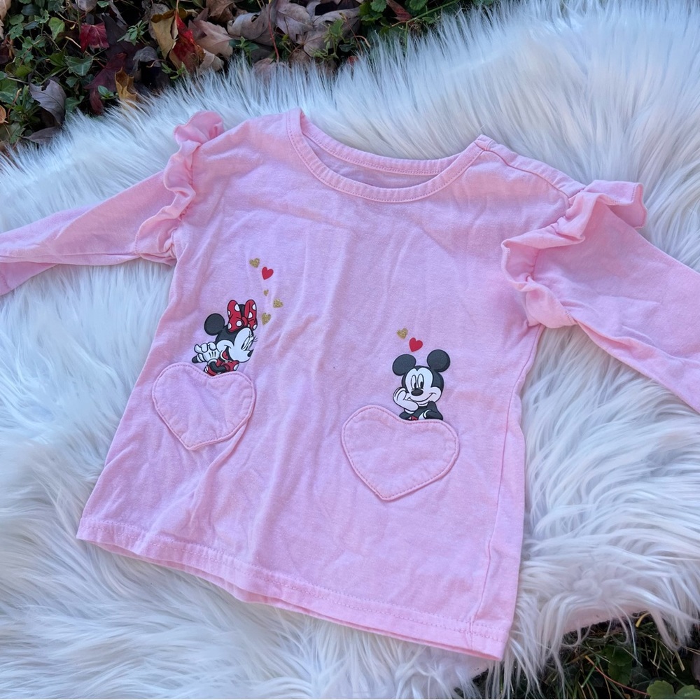 Disney Junior Minnie Pink Ruffle Shoulder Long Sleeve Mickey and Minnie Top
